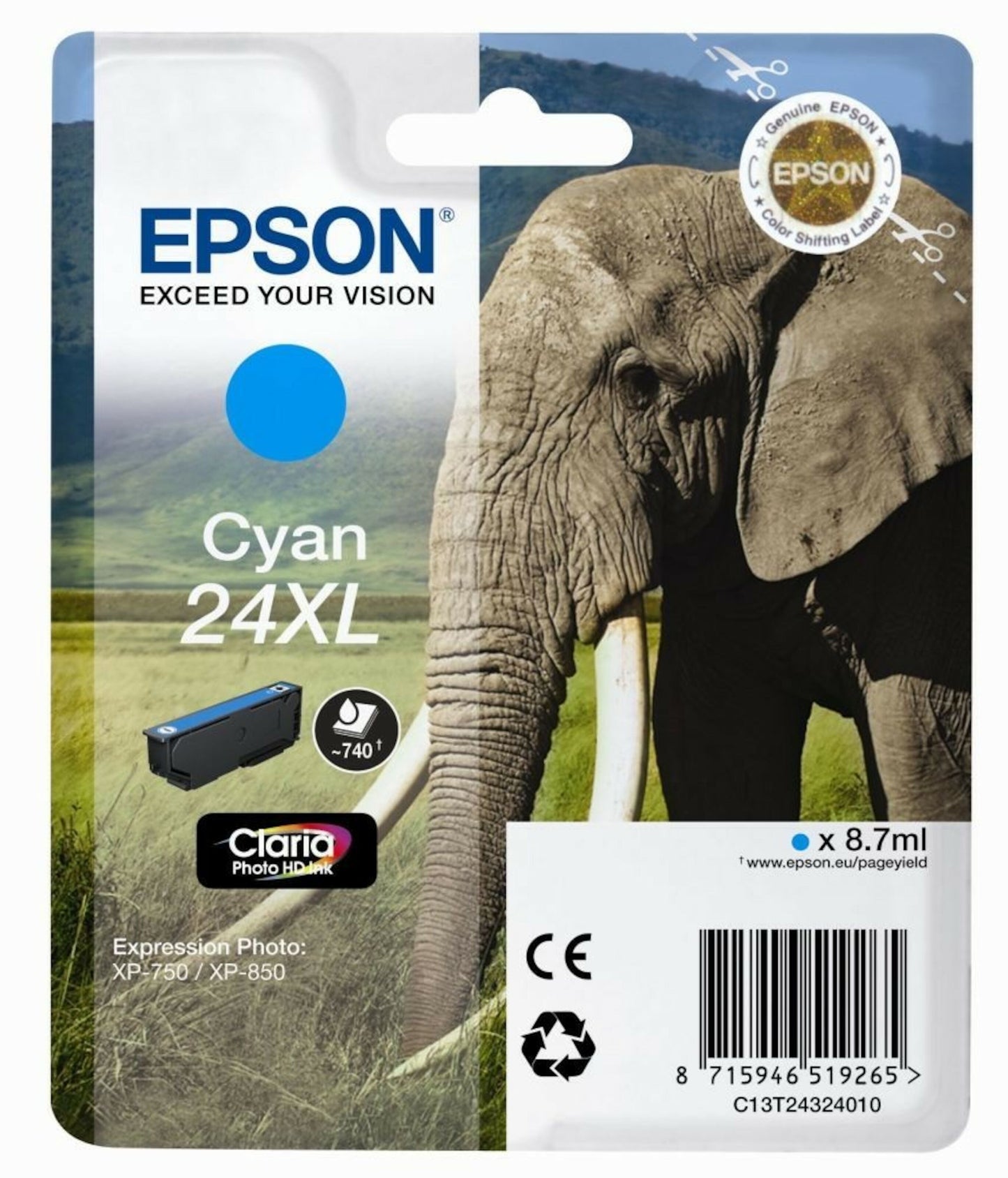 Epson T2432 blækpatron XL cyan, elefant-emballage, QR-kode, 8,7 ml.