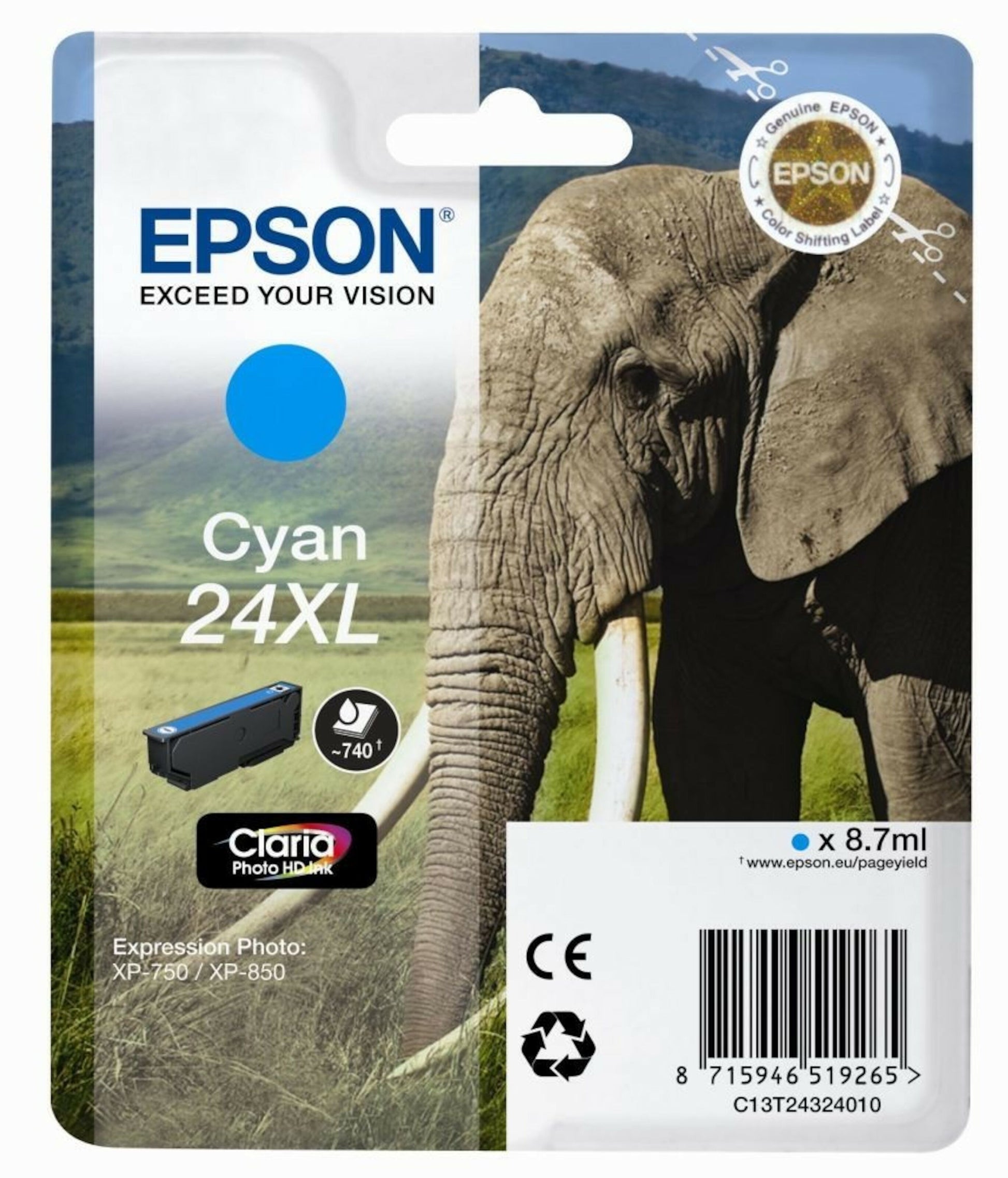 Epson T2432 blækpatron XL cyan, elefant-emballage, QR-kode, 8,7 ml.