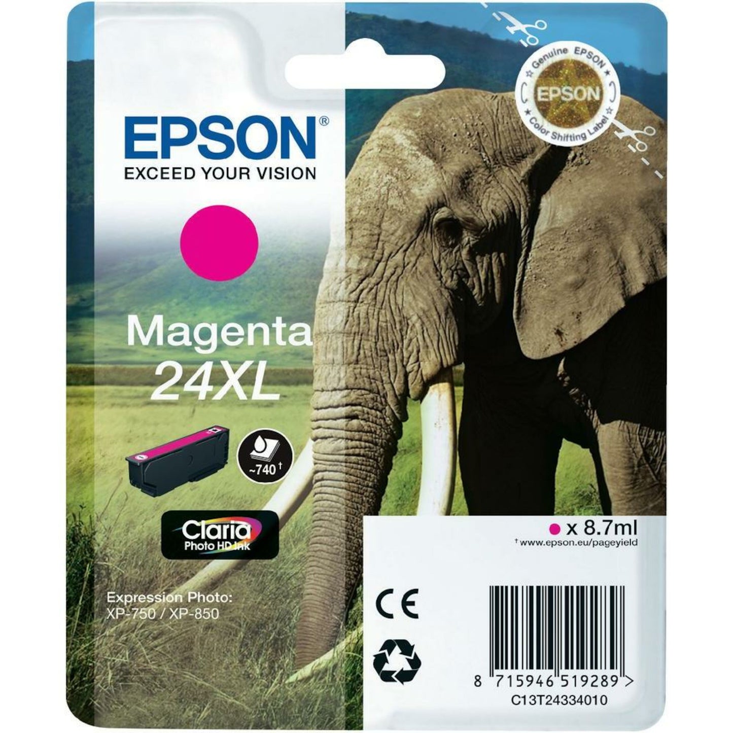 Epson T2433 XL blækpatron magenta til XP-750/XP-850, elefantmotiv, magenta indikator, produktinfo på emballagen.