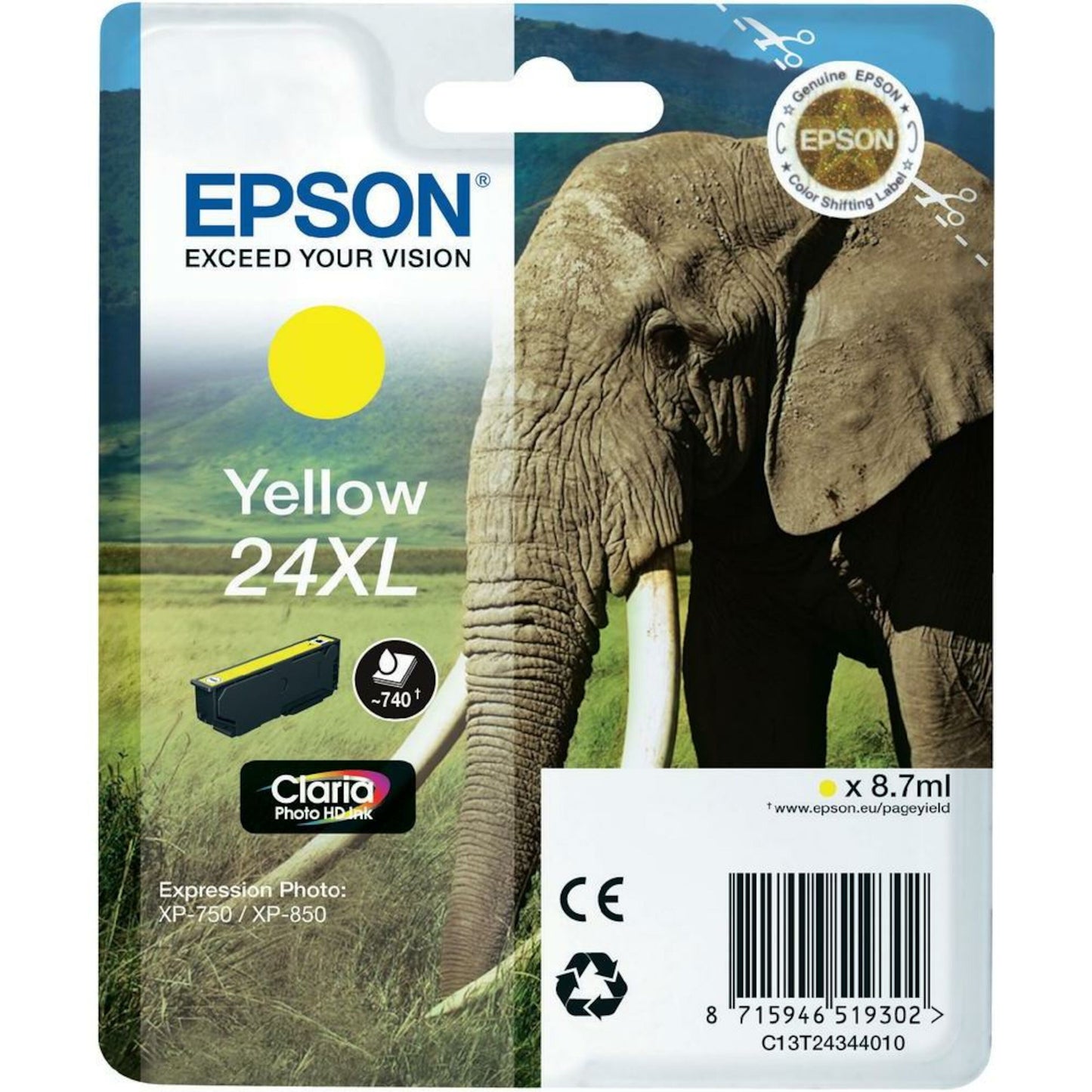 Epson T2434 XL blækpatron gul med elefantmotiv, Epson-logo og produktdetaljer synlige på emballagen.