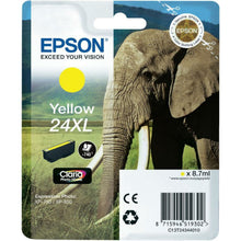 Epson T2434 XL blækpatron gul med elefantmotiv, Epson-logo og produktdetaljer synlige på emballagen.