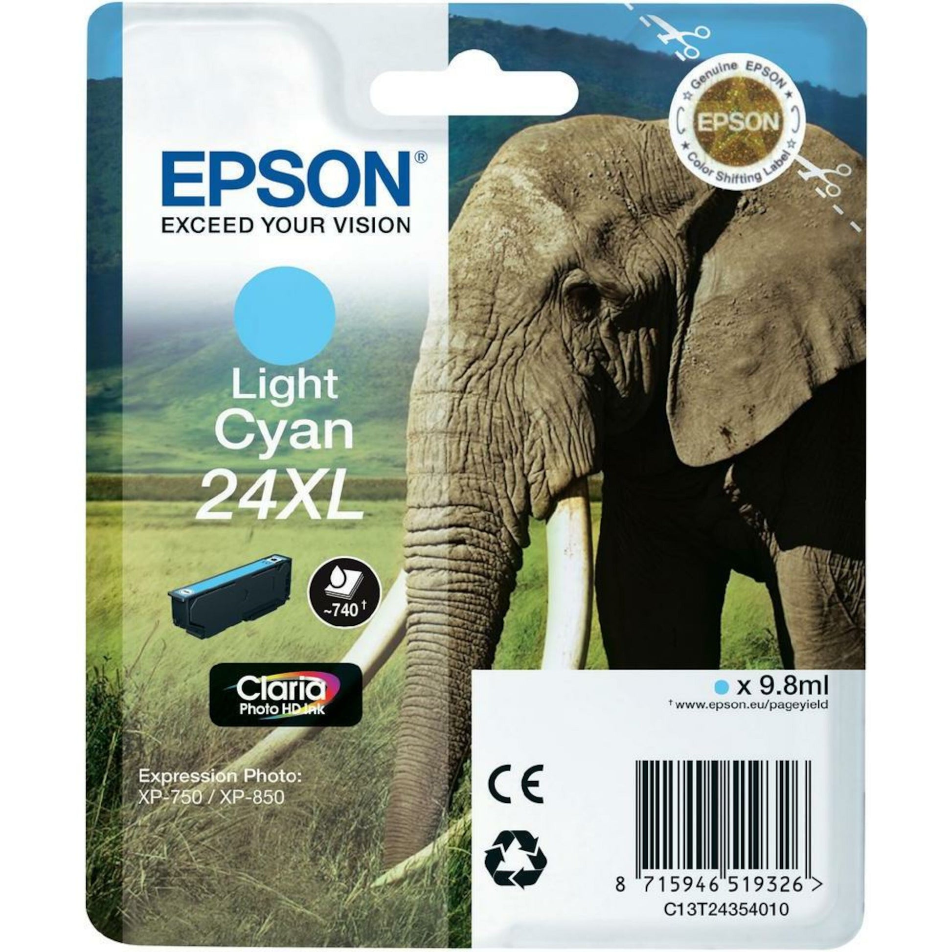 Epson T2432 XL blækpatron lyseblå, elefantbillede, Epson logo, kompatibilitet og produktinfo på emballagen.
