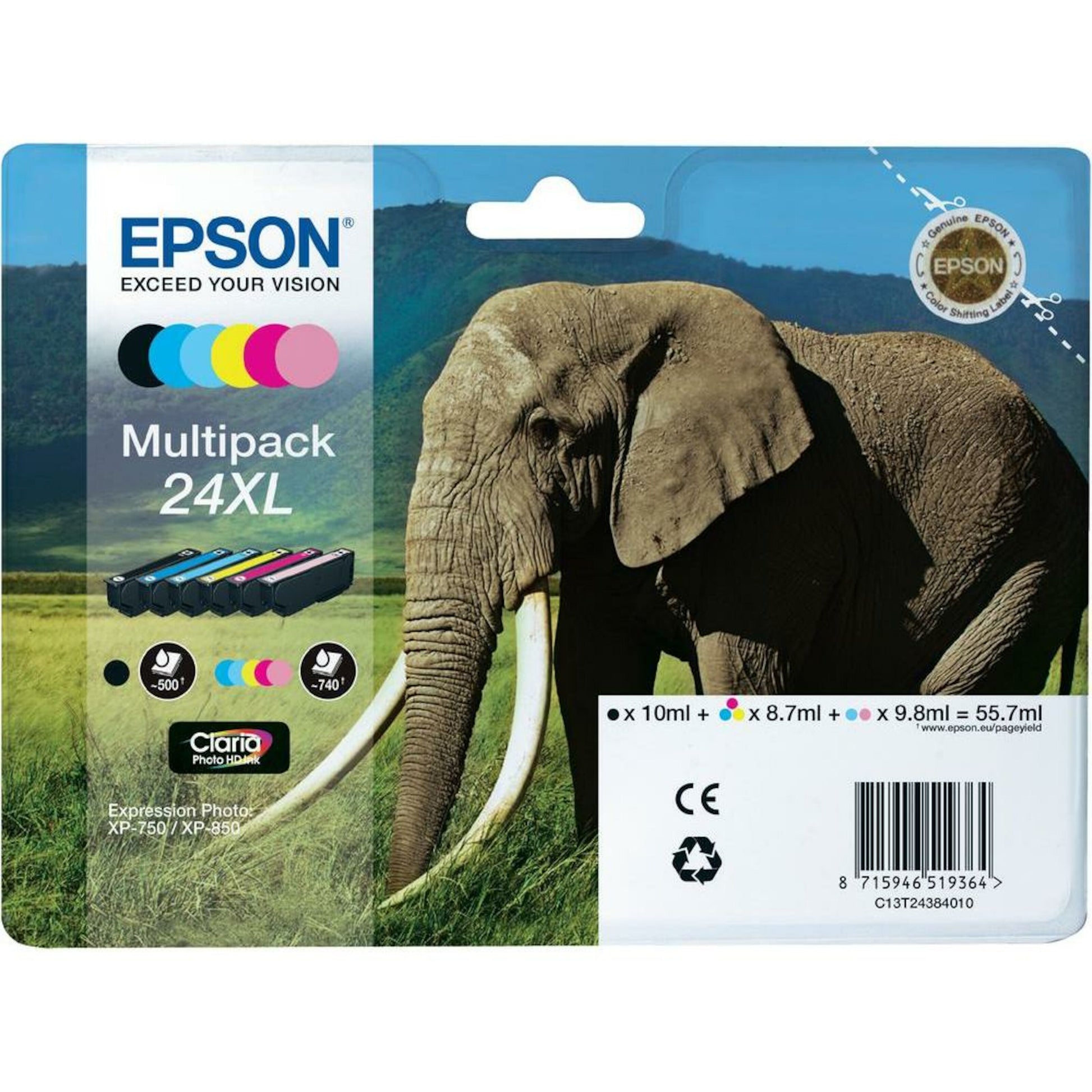 Epson T2438 XL blækpatroner 6-pakke til Epson 24XL serien, farver: sort, cyan, gul, magenta, lys cyan, lys magenta.