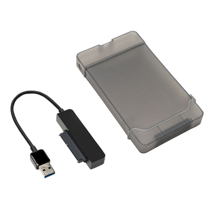 Plexgear harddisk kabinet 2,5" Smart adgang USB-A, transparent grå med sort USB-til-SATA kabel ved siden af.