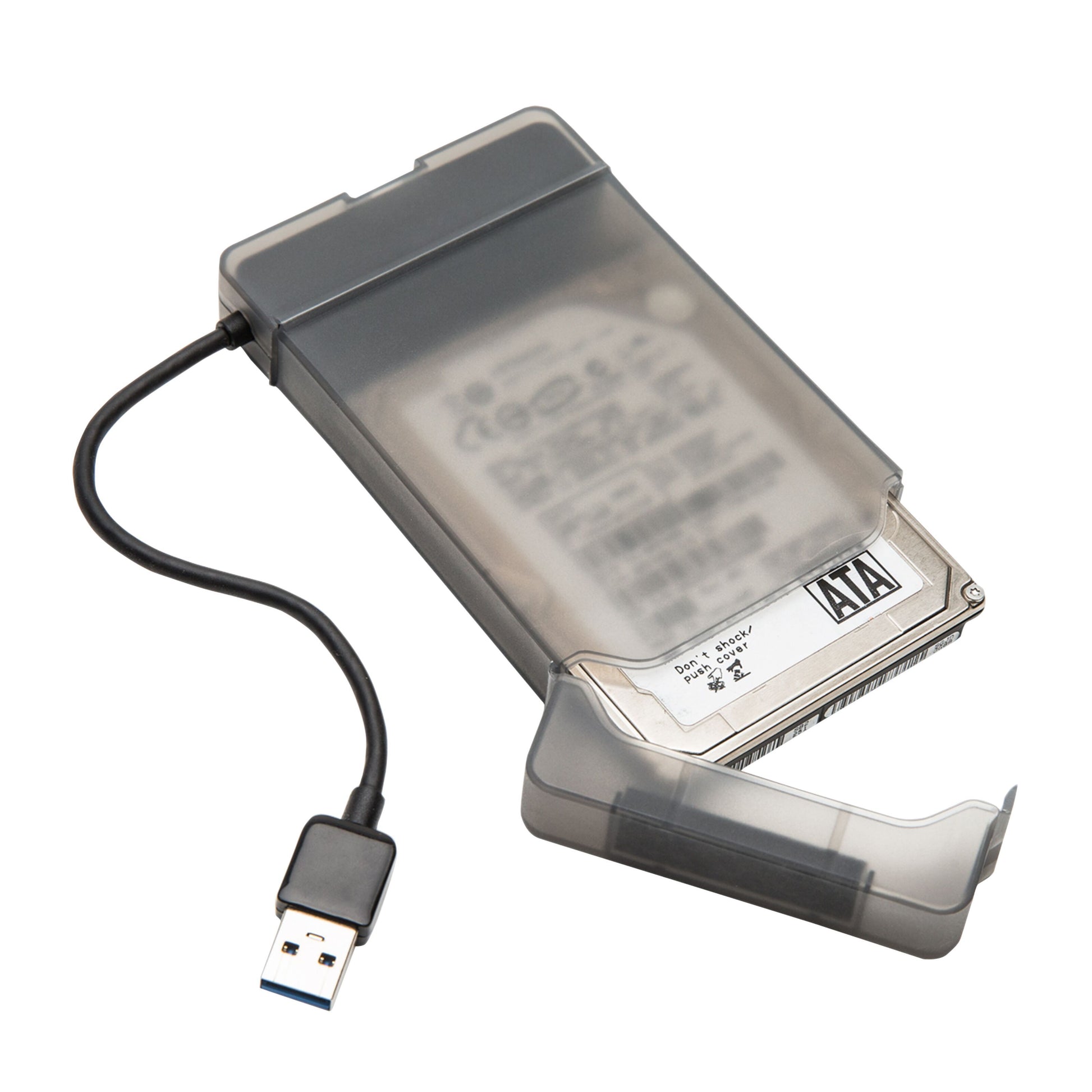 Harddisk kabinet 2,5" Smart adgang USB-A gennemsigtigt plast med indbygget USB 3.0-kabel, synlig SATA-port og drevlabel.