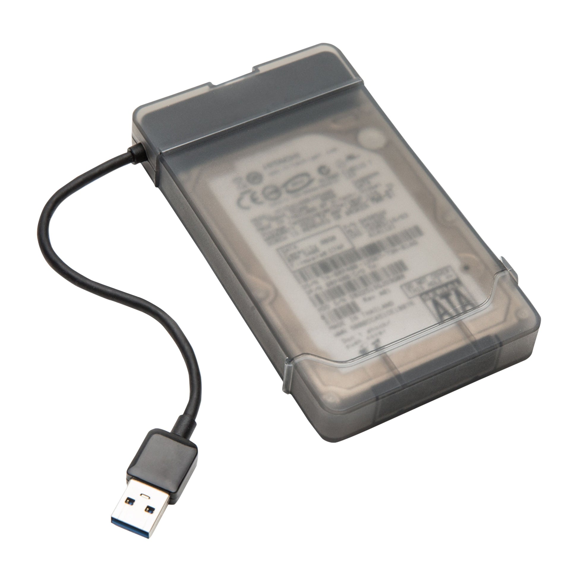 Plexgear harddisk kabinet 2,5" Smart adgang USB-A, semitransparent grå, indbygget USB 3.0-kabel til ekstern lagring.