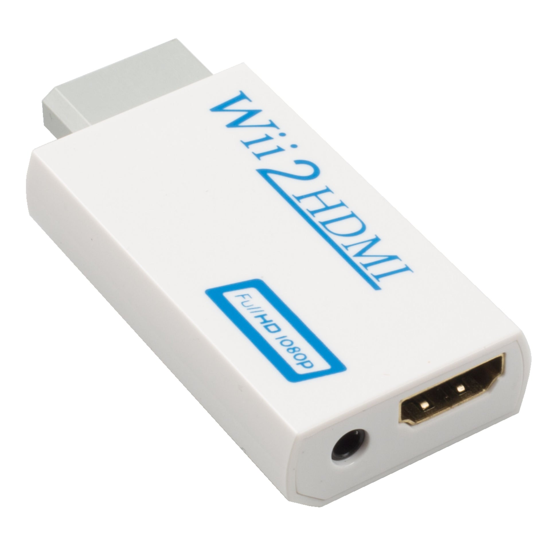Wii2HDMI HDMI-adapter til Nintendo Wii, hvid, med Wii-stik, blå "Wii2HDMI"-tekst, HDMI- og lydudgang.