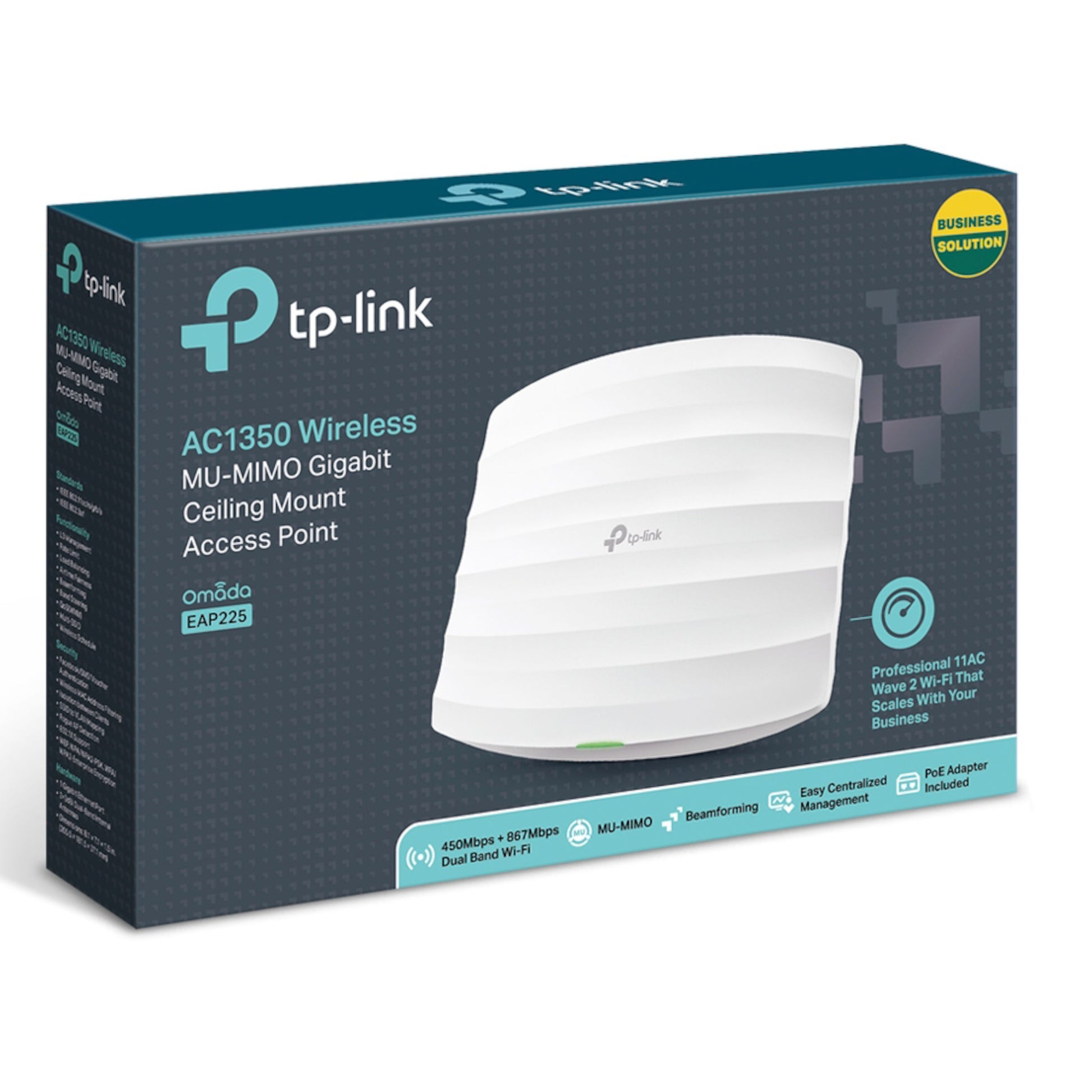 TP-Link Omada EAAS525 roaming-adgangspunkt AC1350 æske, business solution label, PoE strømforsyning.
