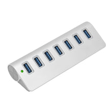 Plexgear Desktop 710 USB-hub sølv, 7 porte på række, grøn indikatorlampe, vinklet design, 5 Gb/s.