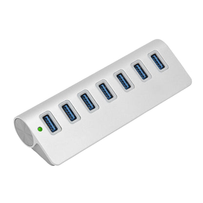 Plexgear Desktop 710 USB-hub sølv, 7 porte på række, grøn indikatorlampe, vinklet design, 5 Gb/s.