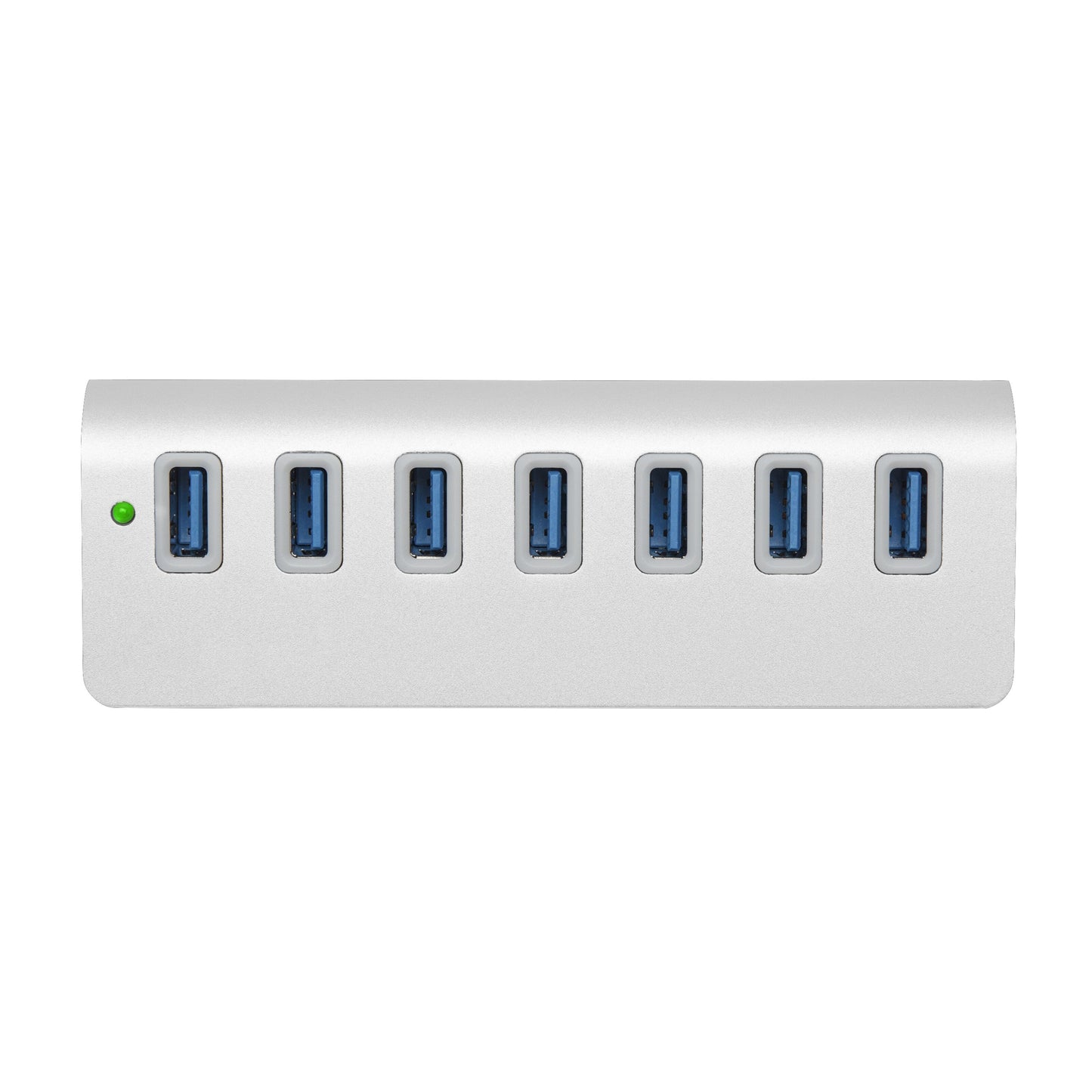 Plexgear Desktop 710 USB-hub sølv, 7 porte i række, grøn indikatorlys til venstre, 5 Gb/s.