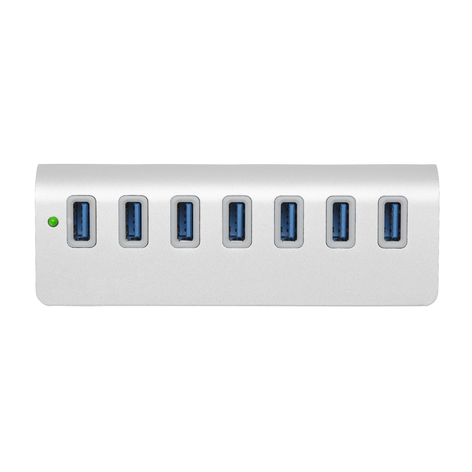 Plexgear Desktop 710 USB-hub sølv, 7 porte i række, grøn indikatorlys til venstre, 5 Gb/s.