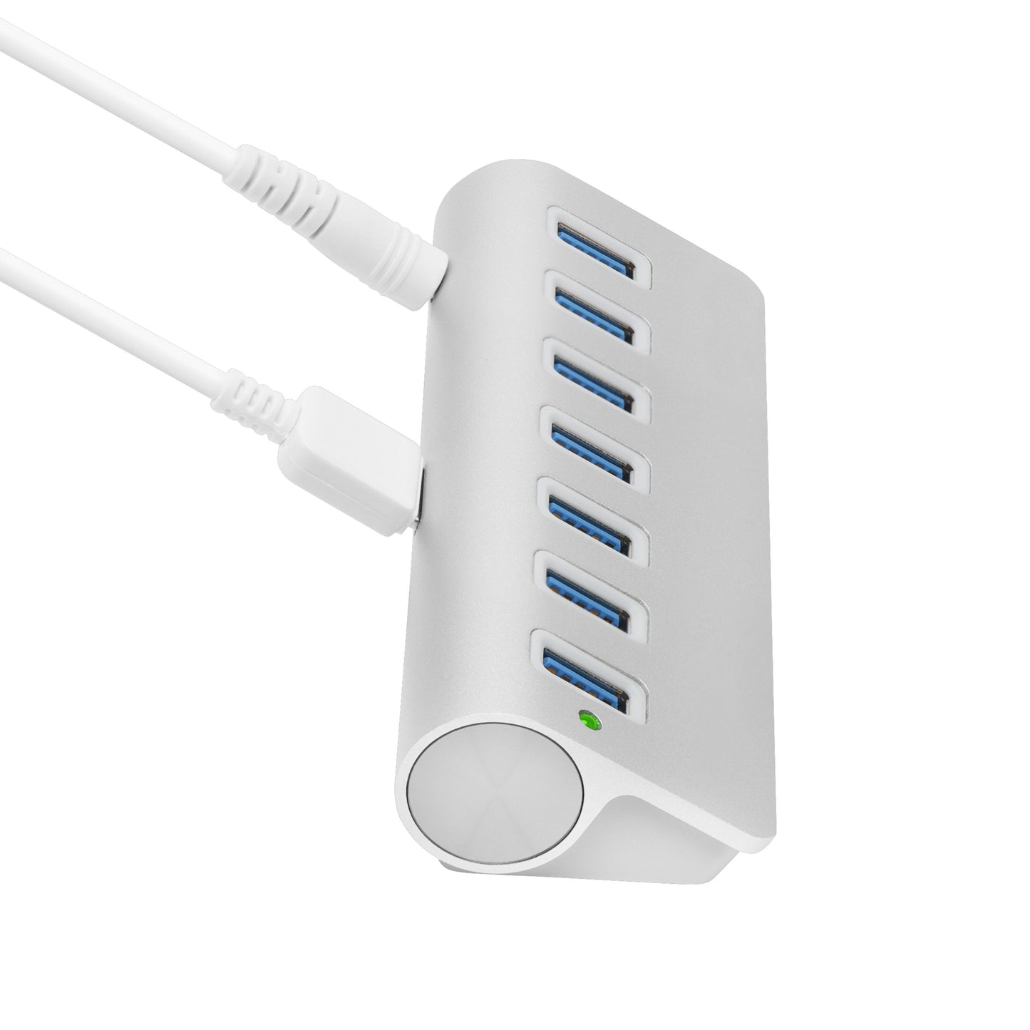 Plexgear Desktop 710 sølv USB-hub, 7 porte, 5 Gb/s, rund power-knap, grøn indikator, to indgange i brug.