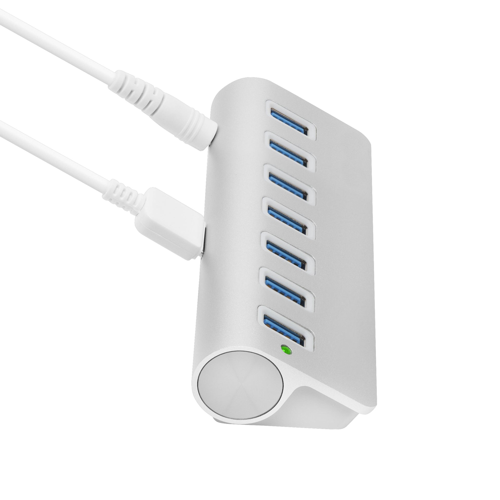 Plexgear Desktop 710 sølv USB-hub, 7 porte, 5 Gb/s, rund power-knap, grøn indikator, to indgange i brug.