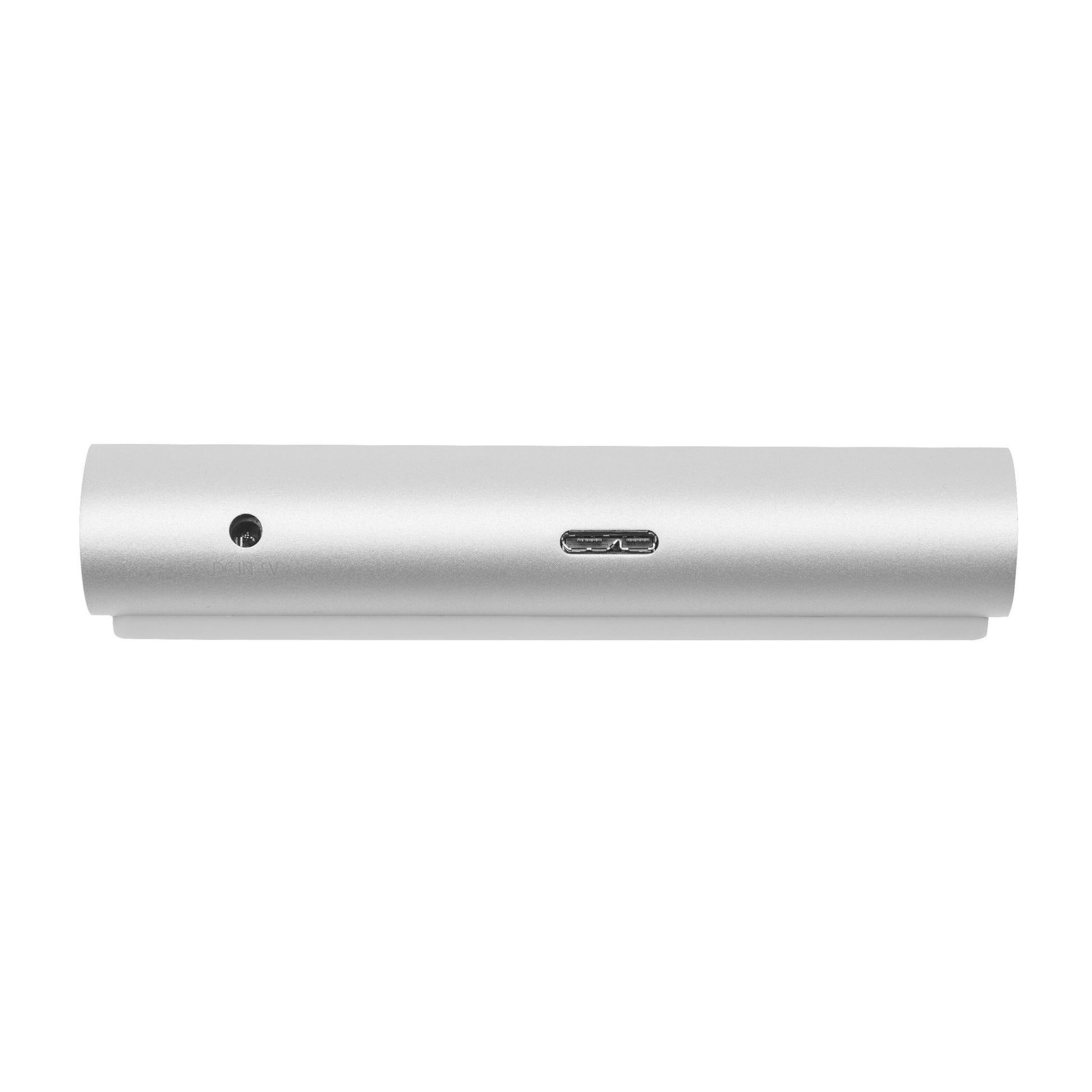 Desktop 710 USB-hub 5 Gb/s, sølv, cylinderformet, sidevisning med lille port til venstre og 7 USB-porte inkl. midterste USB-C.