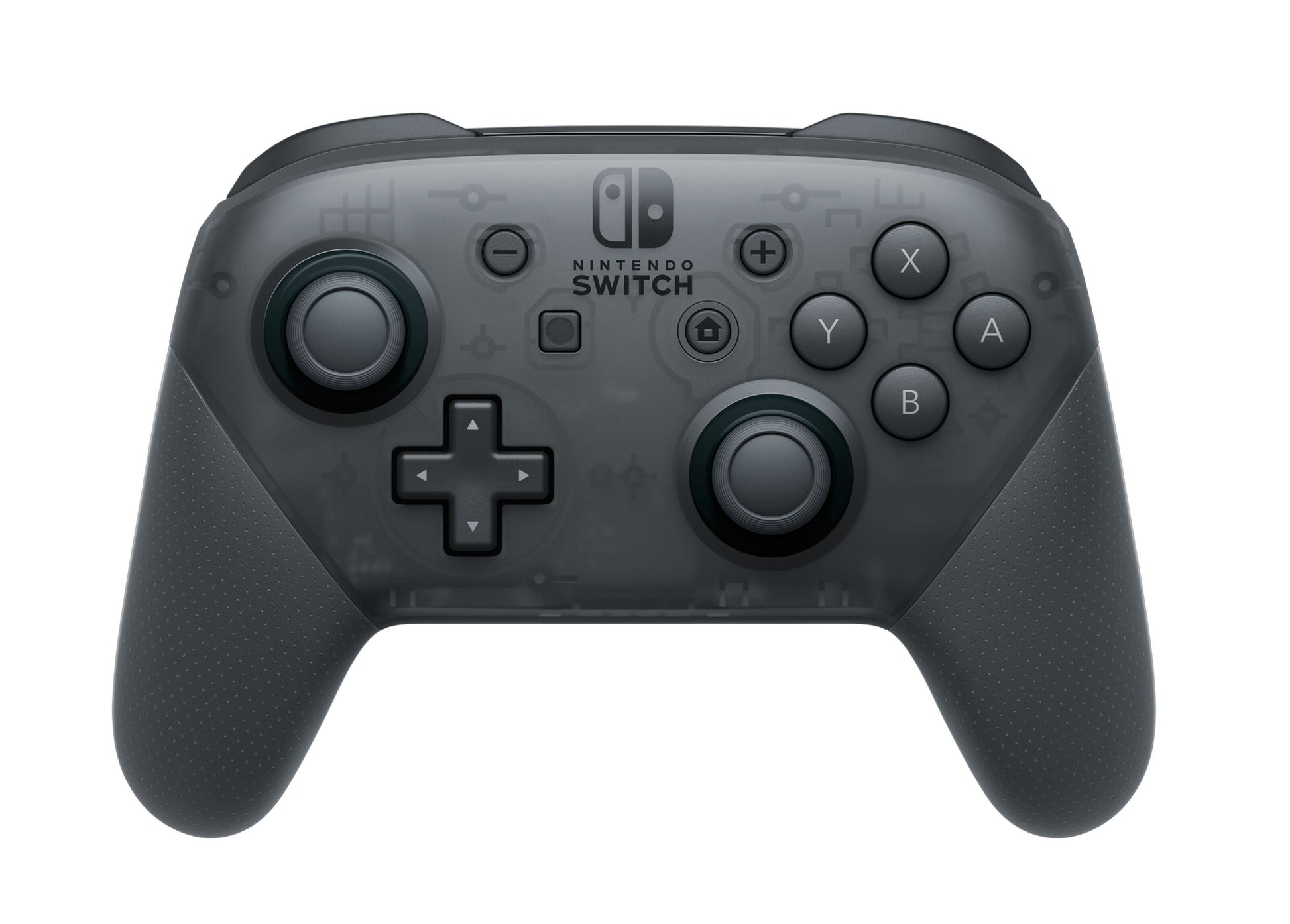 Nintendo Pro Controller sort, to analoge sticks, D-pad, fire knapper og skulderknapper set fra oven.