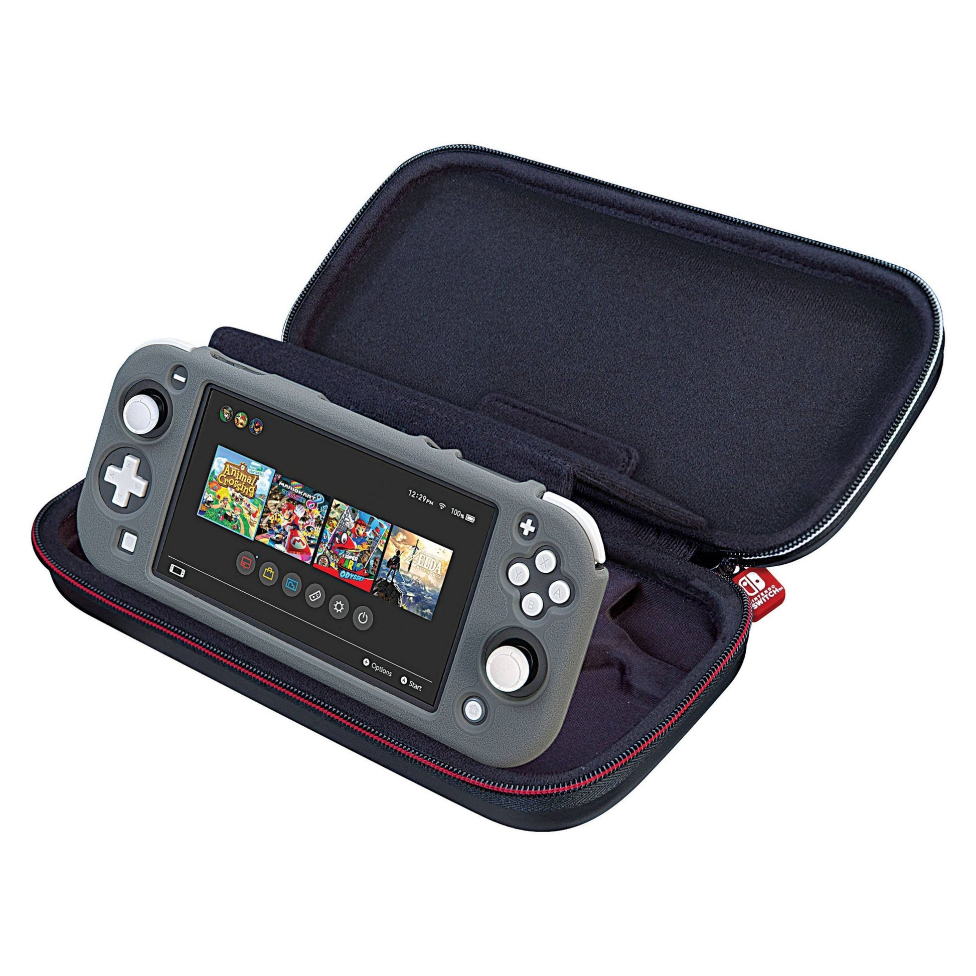 Grå Nintendo Switch i åben Nintendo Luksus taske med rød lynlås, konsollens skærm viser spilvalgmenu.