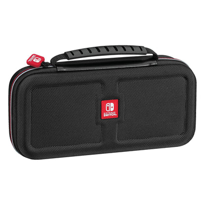 Nintendo Luksus taske til Switch/Switch OLED, sort med håndtag, rød Switch-logo, struktureret overflade, rød lynlåstrækker.