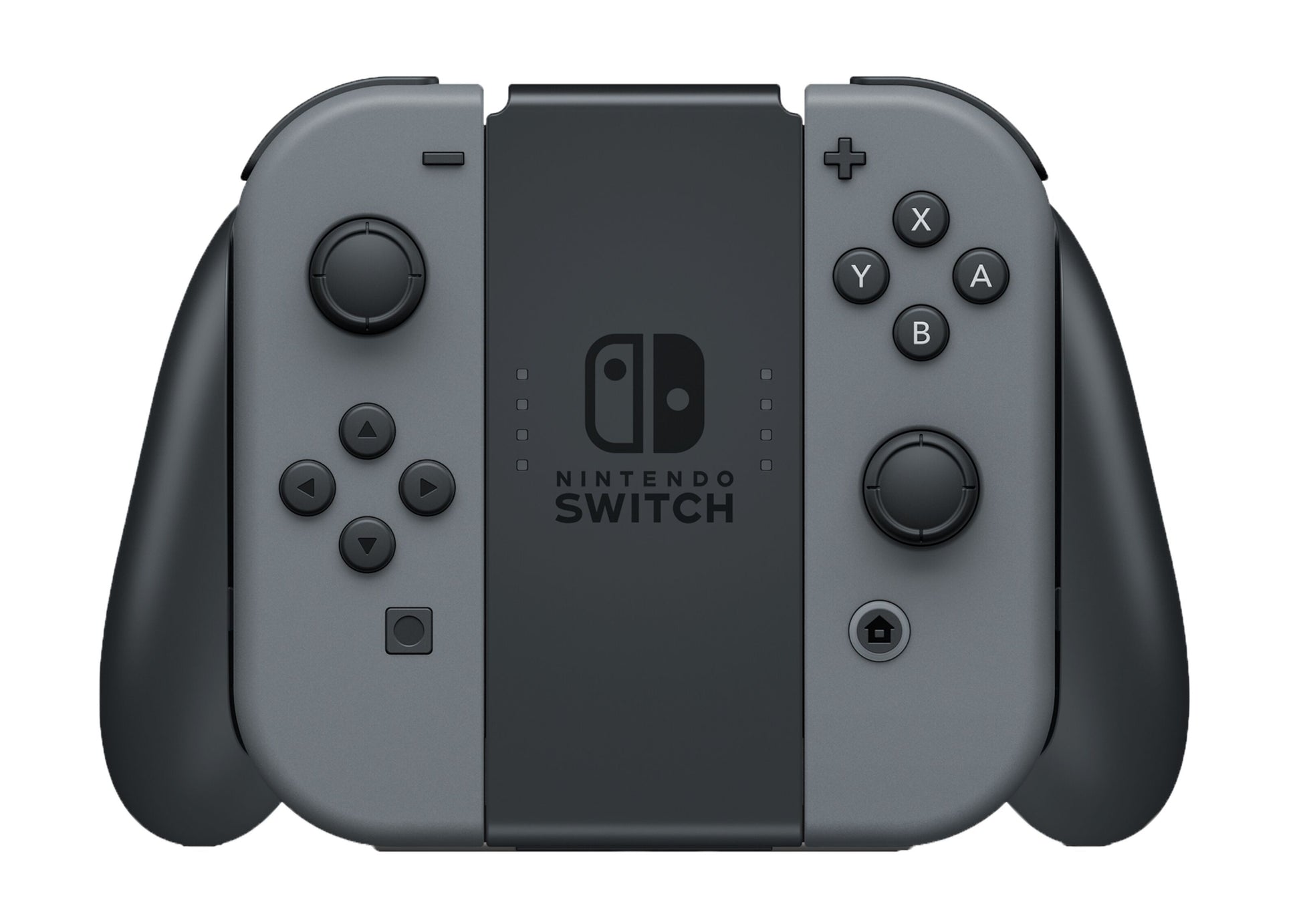 Nintendo Joy-Con Opladningsgreb til Switch med til aftagelige grå controllere, knapper, joysticks og centralt Switch-logo.