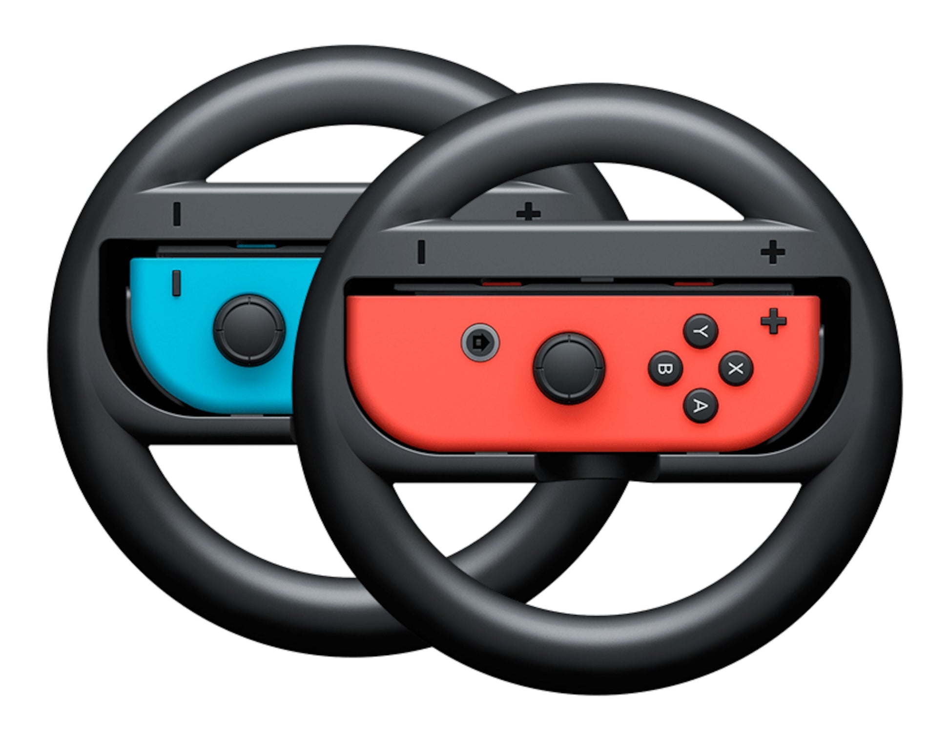 Nintendo Switch Joy-Con blå og rød i to overlappende Joy-Con Wheel Ratt 2-pack rotte tilbehør.