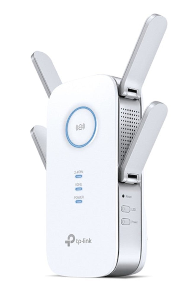 TP-Link AC2600 wi-fi-forlænger, hvid, fire justerbare antenner, indikatorlys for 2,4 GHz, 5 GHz, strøm og LED.