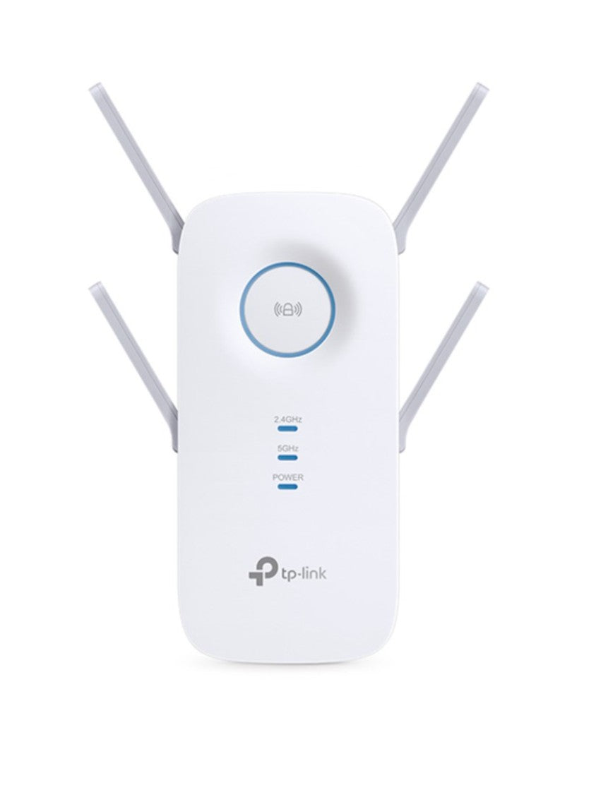 TP-Link AC2600 wifi-extender i hvid med MU-MIMO, fire antenner, tre LED-indikatorer og centralt rundt knap.