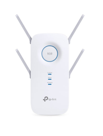 TP-Link AC2600 wifi-extender i hvid med MU-MIMO, fire antenner, tre LED-indikatorer og centralt rundt knap.