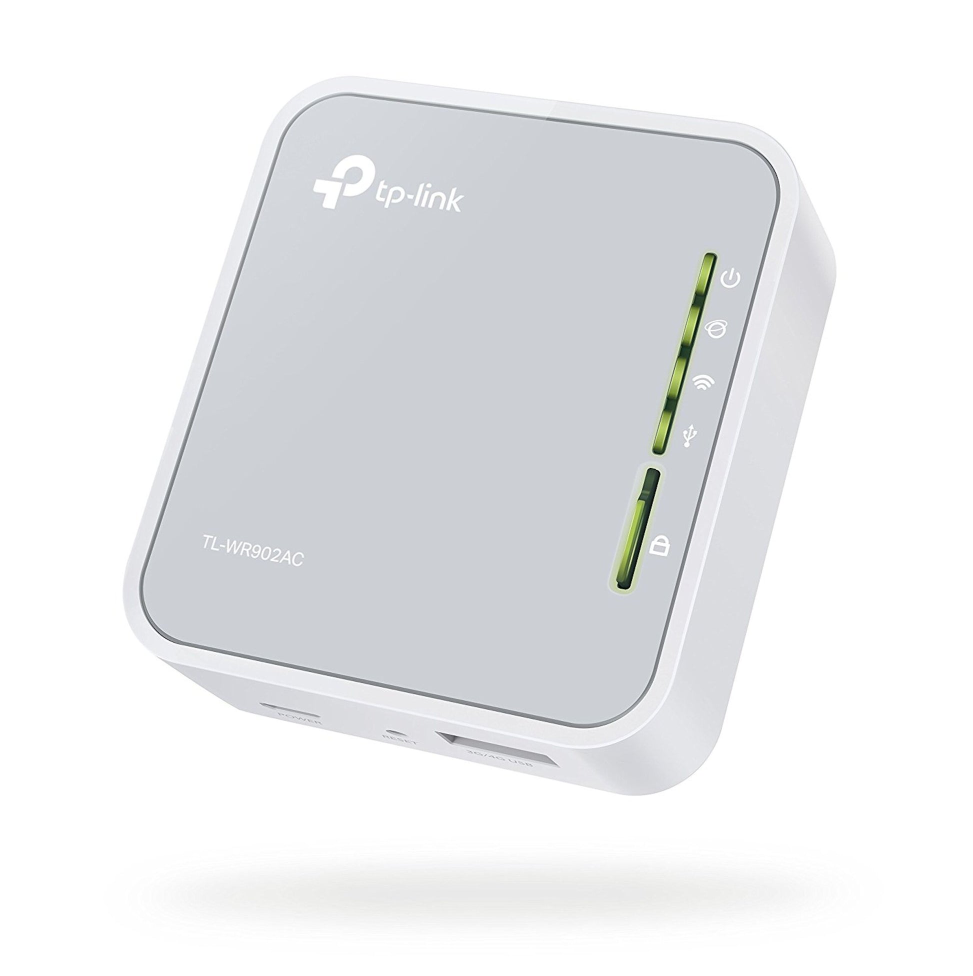 TP-Link TL-WR902AC rejserouter AC750, grå og hvid, LED-indikatorer, wifi-hotspot, TP-Link logo på toppen.
