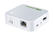 TP-Link TL-WR902AC rejserouter AC750 med USB, Ethernet og strømport, LED-indikatorer og reset-knap.