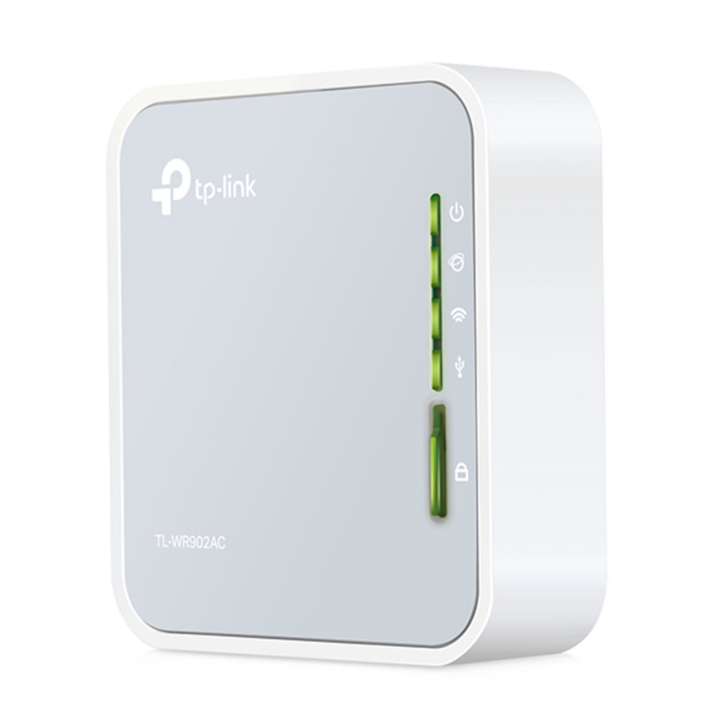 TP-Link TL-WR902AC rejserouter AC750 hvid/grå med statuslys og TP-Link logo på fronten.