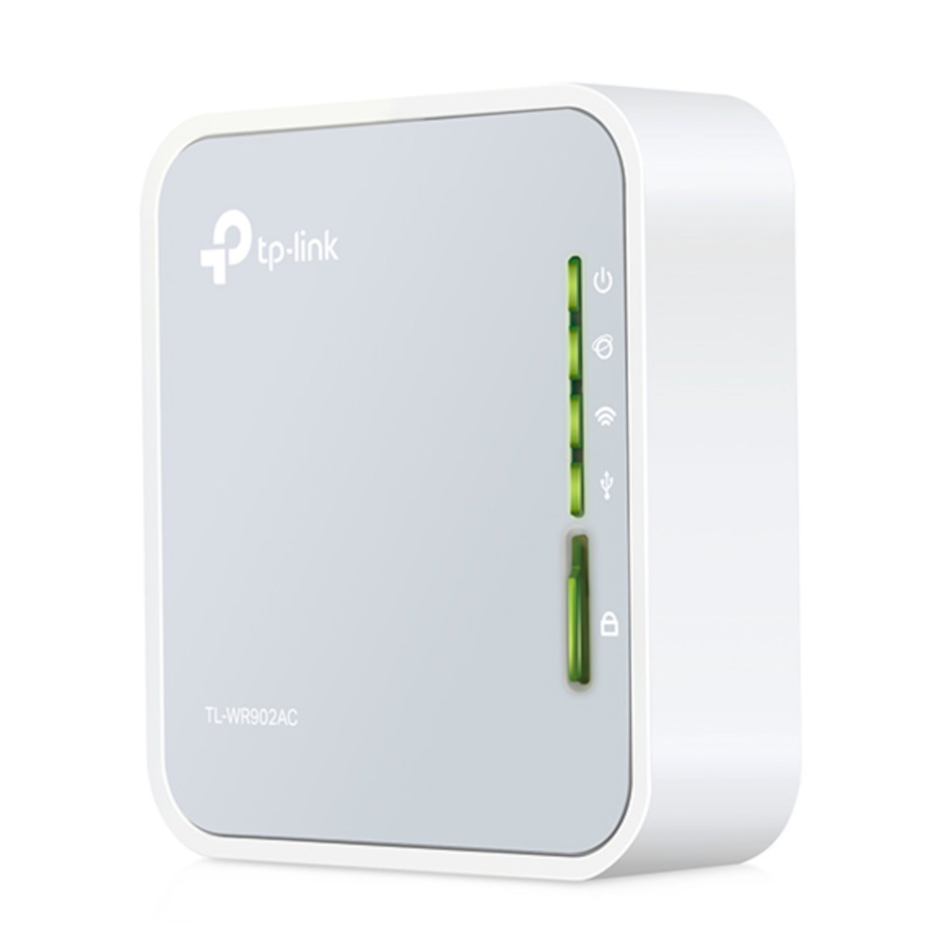 TP-Link TL-WR902AC rejserouter AC750 hvid/grå med statuslys og TP-Link logo på fronten.