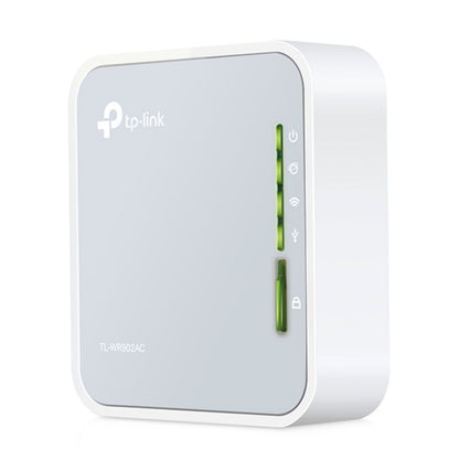 TP-Link TL-WR902AC rejserouter AC750 hvid/grå med statuslys og TP-Link logo på fronten.