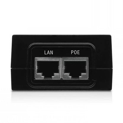 Ubiquiti POE-injektor 48V 24W sort netværksadapter med to Gigabit-porte mærket LAN og POE til passive kabelforbindelser.