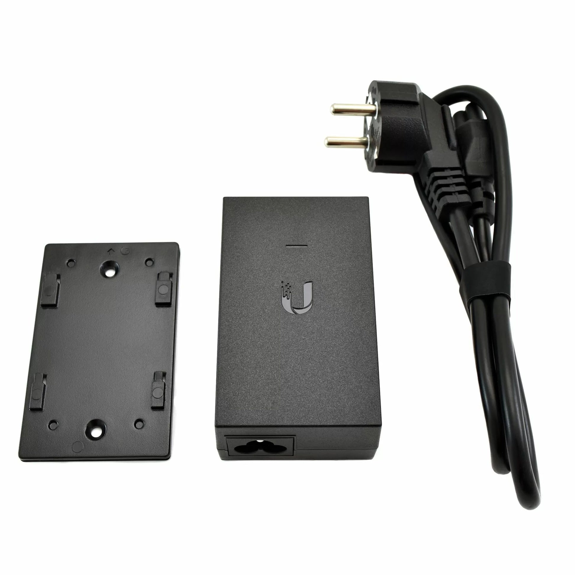 Ubiquiti POE-injektor 48V 24W sort, rektangulær adapter med Ubiquiti-logo, vægbeslag og sort EU strømkabel, til Unifi-enheder.