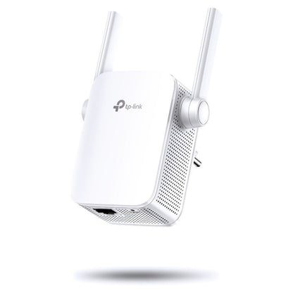 TP-Link Wifi-repeater RE305 AC1200 hvid med to ydre antenner, sideventilation og Ethernet-port i bunden.