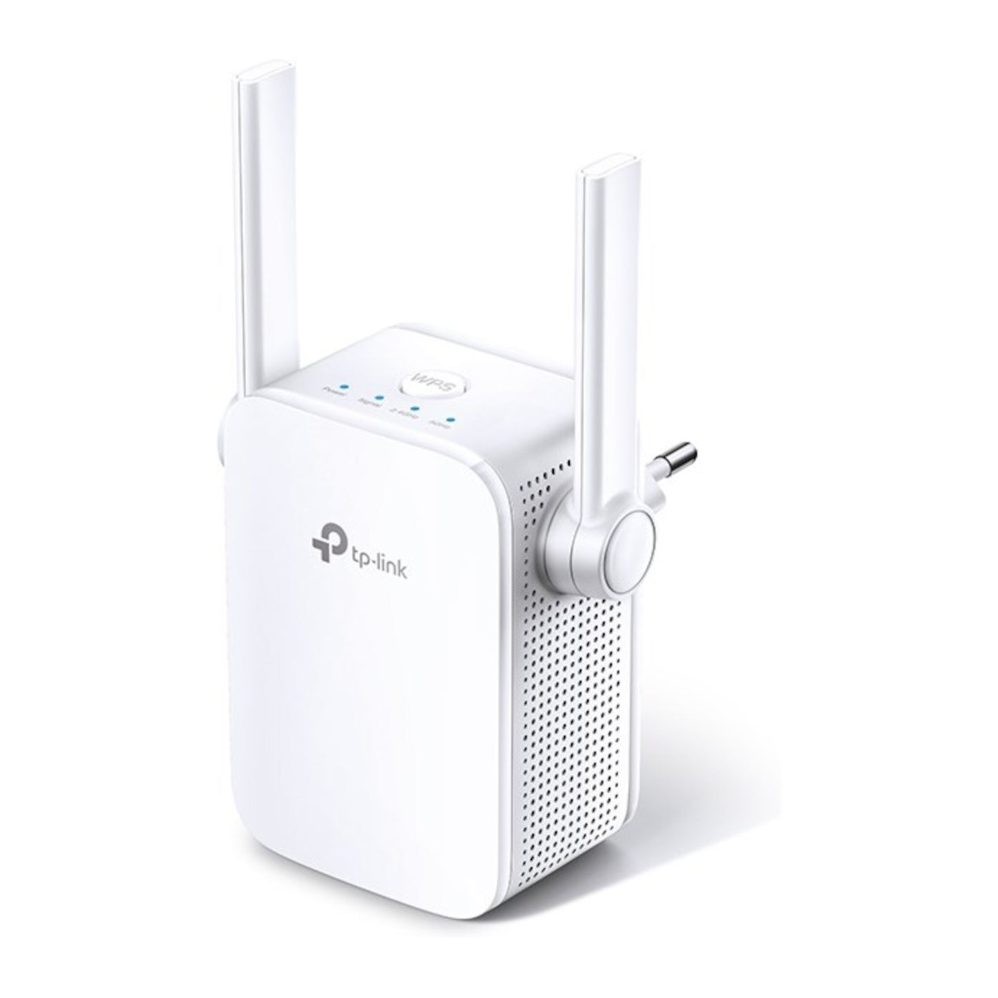 TP-Link wifi-repeater RE305 AC1200 hvid med to justerbare antenner, LED-indikatorer og integreret vægmontering.