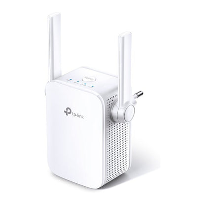 TP-Link wifi-repeater RE305 AC1200 hvid med to justerbare antenner, LED-indikatorer og integreret vægmontering.