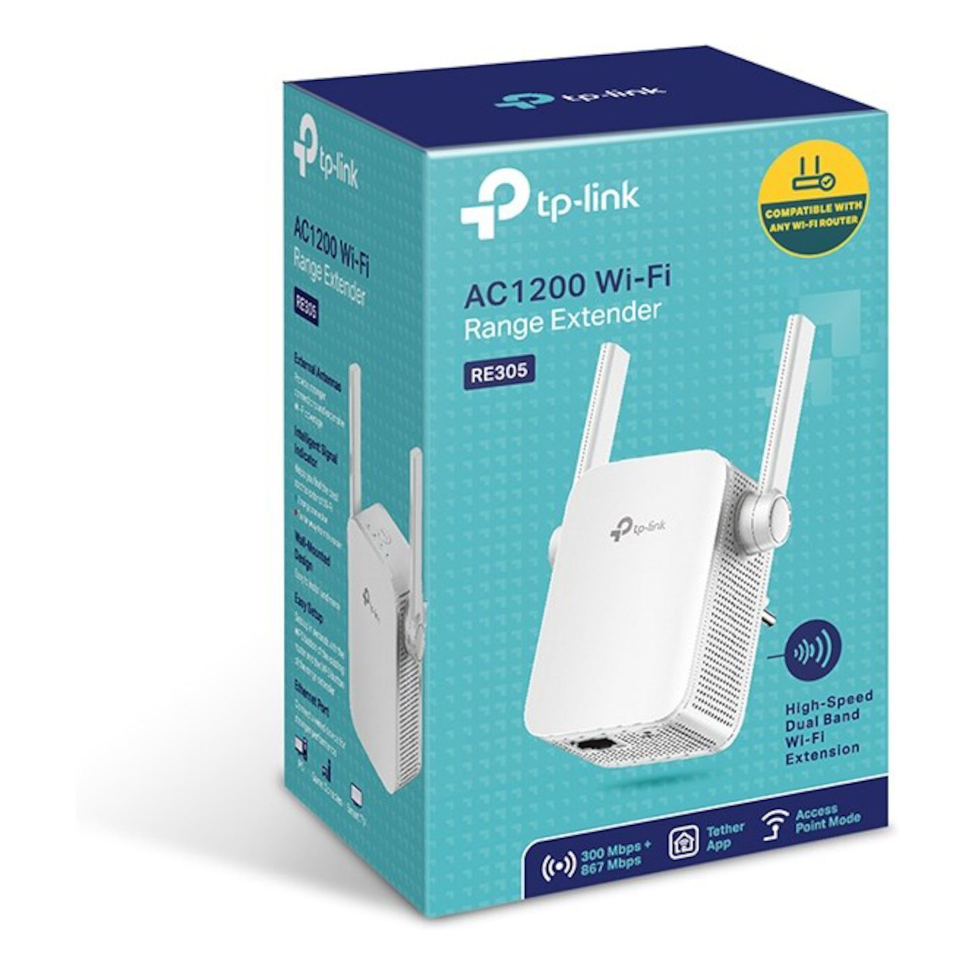 TP-Link Wifi-repeater RE305 AC1200, blå/grøn æske, to antenner, produktinfo og kompatibilitet synlig.