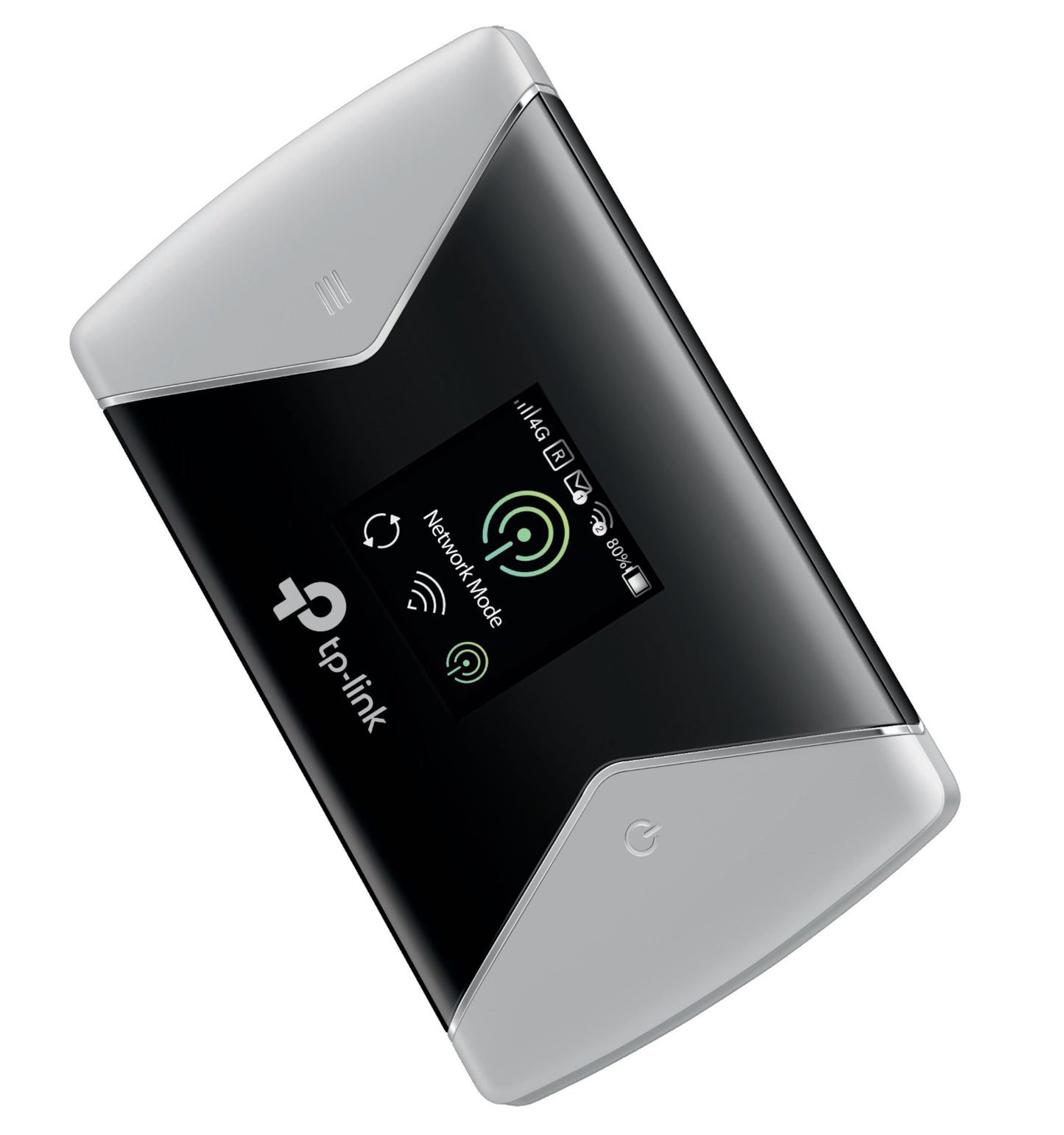TP-Link M7450 4G router med modem AC1200, sort/sølv, display med netværksinfo, power-knap.