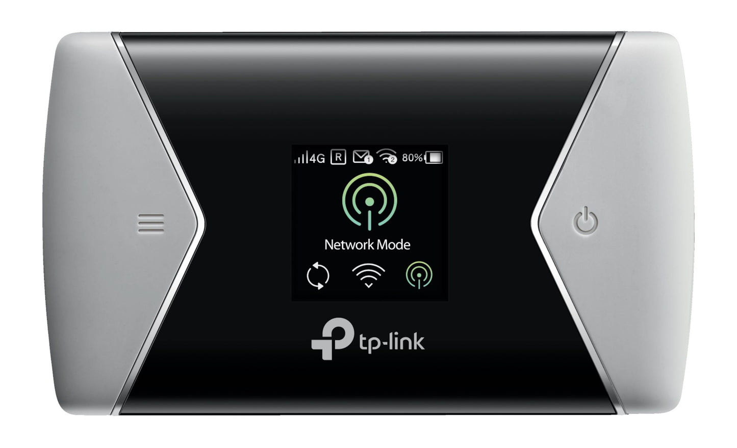 TP-Link M7450 4G-router med modem AC1200, sort med sølvkanter, display for signal/batteri/netværk og højre tænd/sluk-knap.