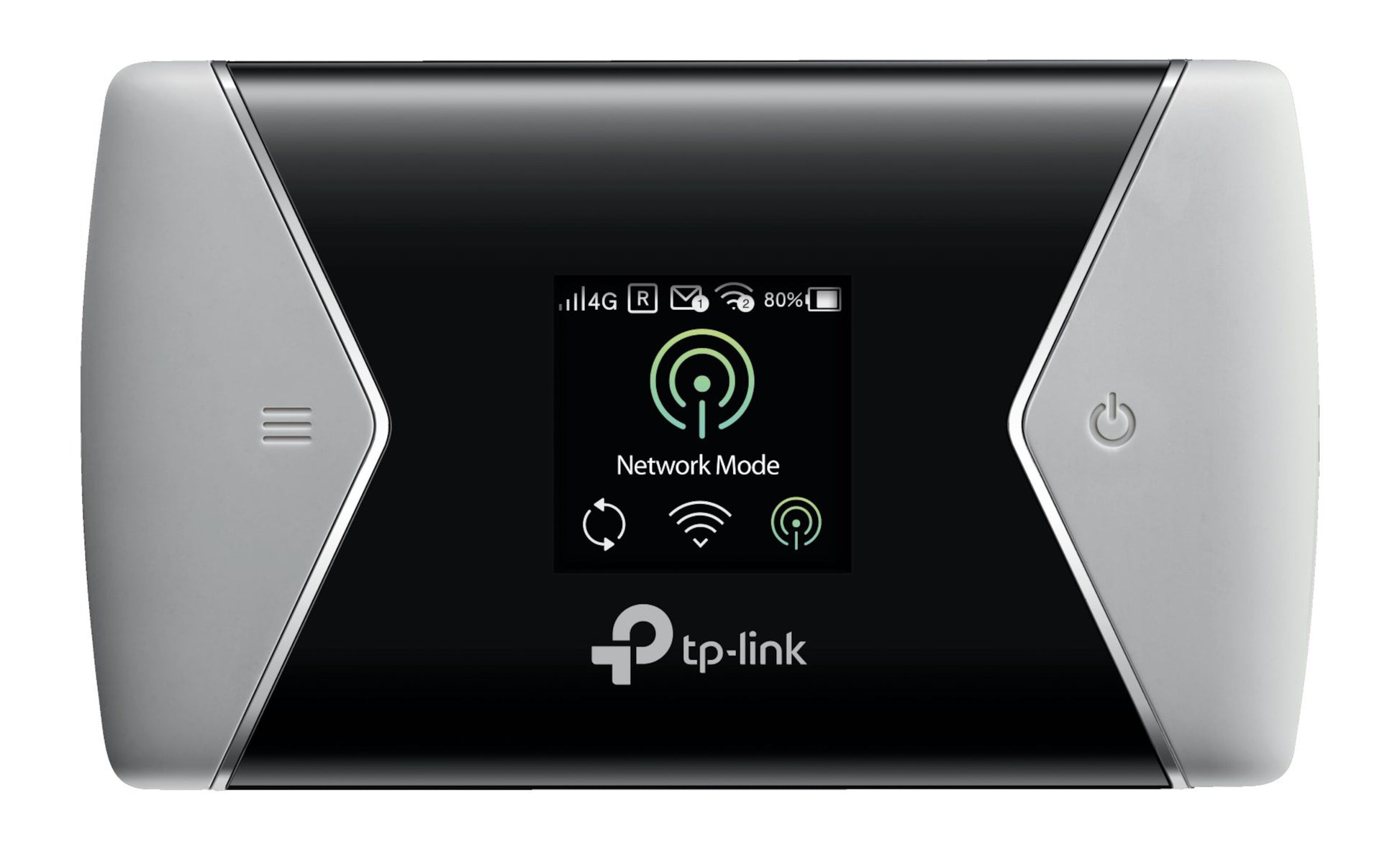 TP-Link M7450 4G-router med modem AC1200, sort med sølvkanter, display for signal/batteri/netværk og højre tænd/sluk-knap.