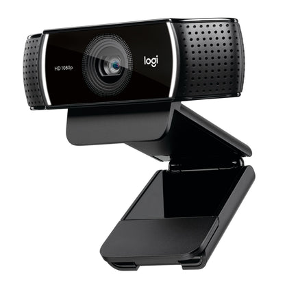 Logitech C922 Pro Stream webcam, sort, Full HD 1080p, hængslet fod, synligt Logitech-logo.