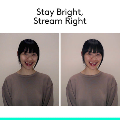 Logitech C922 Pro Stream Webcam viser billede før/efter kvalitet, tekst: Stay Bright, Stream Right.