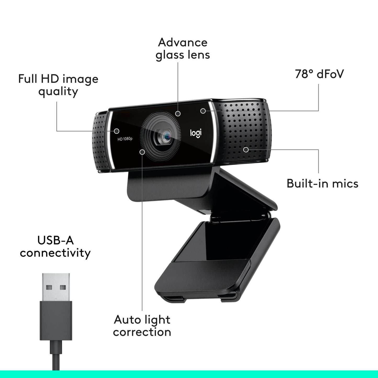 Logitech C922 Pro Stream webkamera, 78° FOV, glaslinse, Full HD 1080p, indbyggede mikrofoner, USB-A, automatisk lyskorrektion.