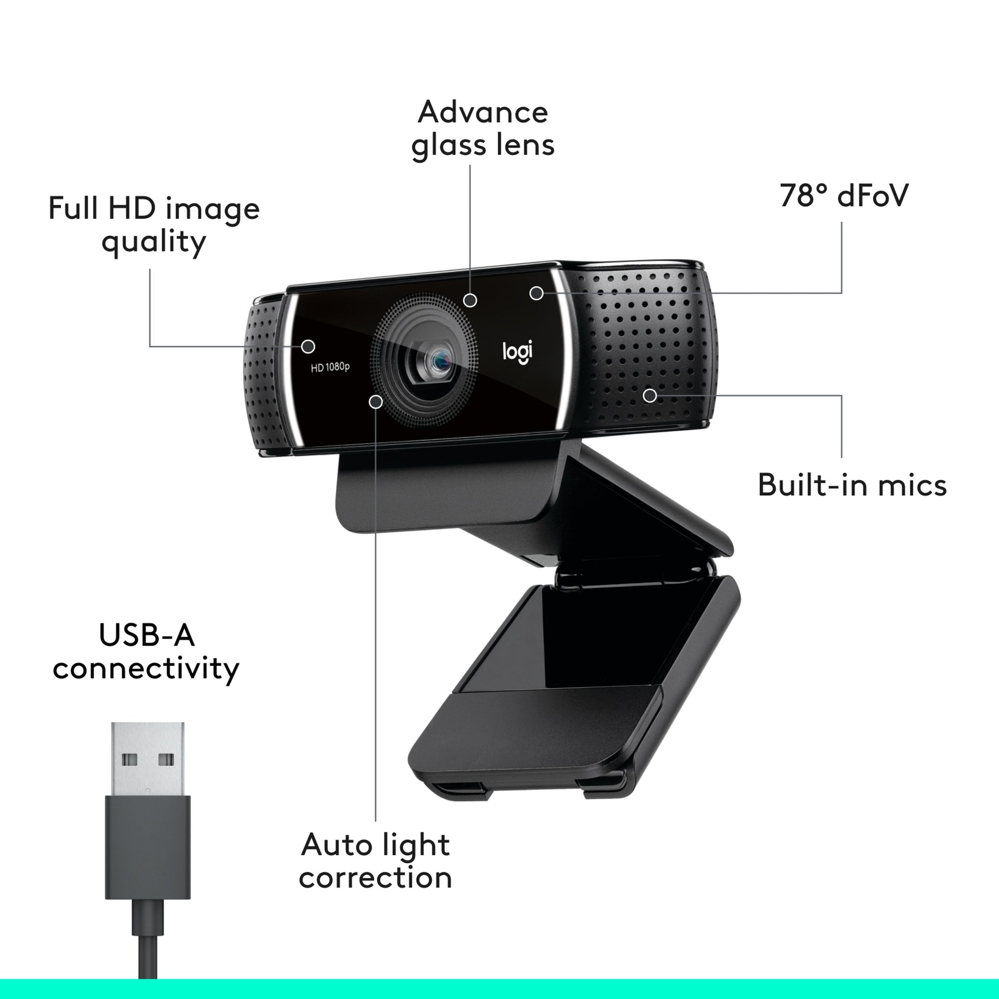Logitech C922 Pro Stream webkamera, 78° FOV, glaslinse, Full HD 1080p, indbyggede mikrofoner, USB-A, automatisk lyskorrektion.