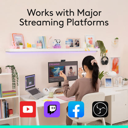 Logitech C922 Pro Stream Webcam i brug, streamingikoner YouTube, Twitch, Facebook, OBS Studio og tekst Fungerer med de største streamingplatforme.
