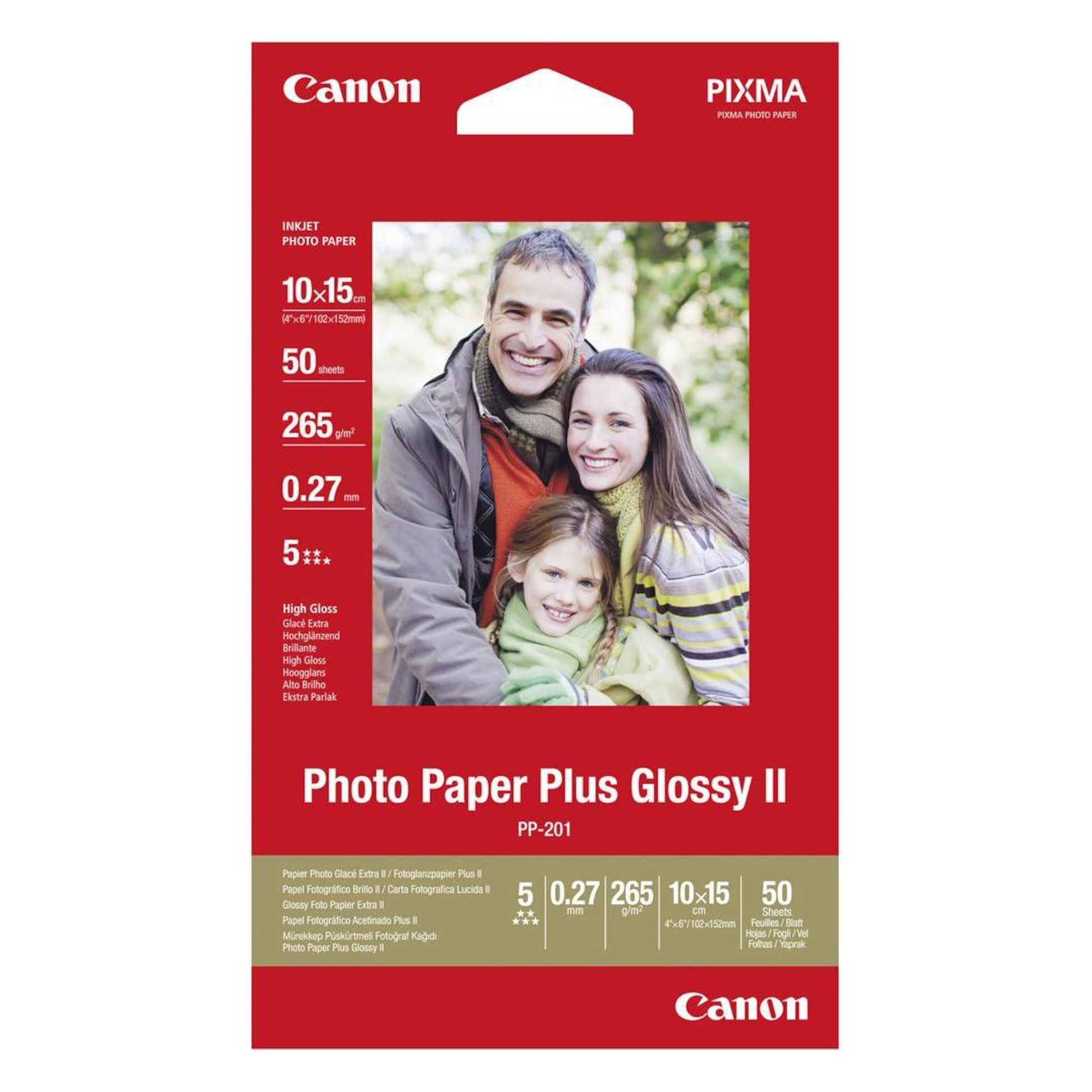 Canon Plus Glossy II fotopapir 10x15 cm 50-pak højglans 265 g/m² i emballage med smilende familie.