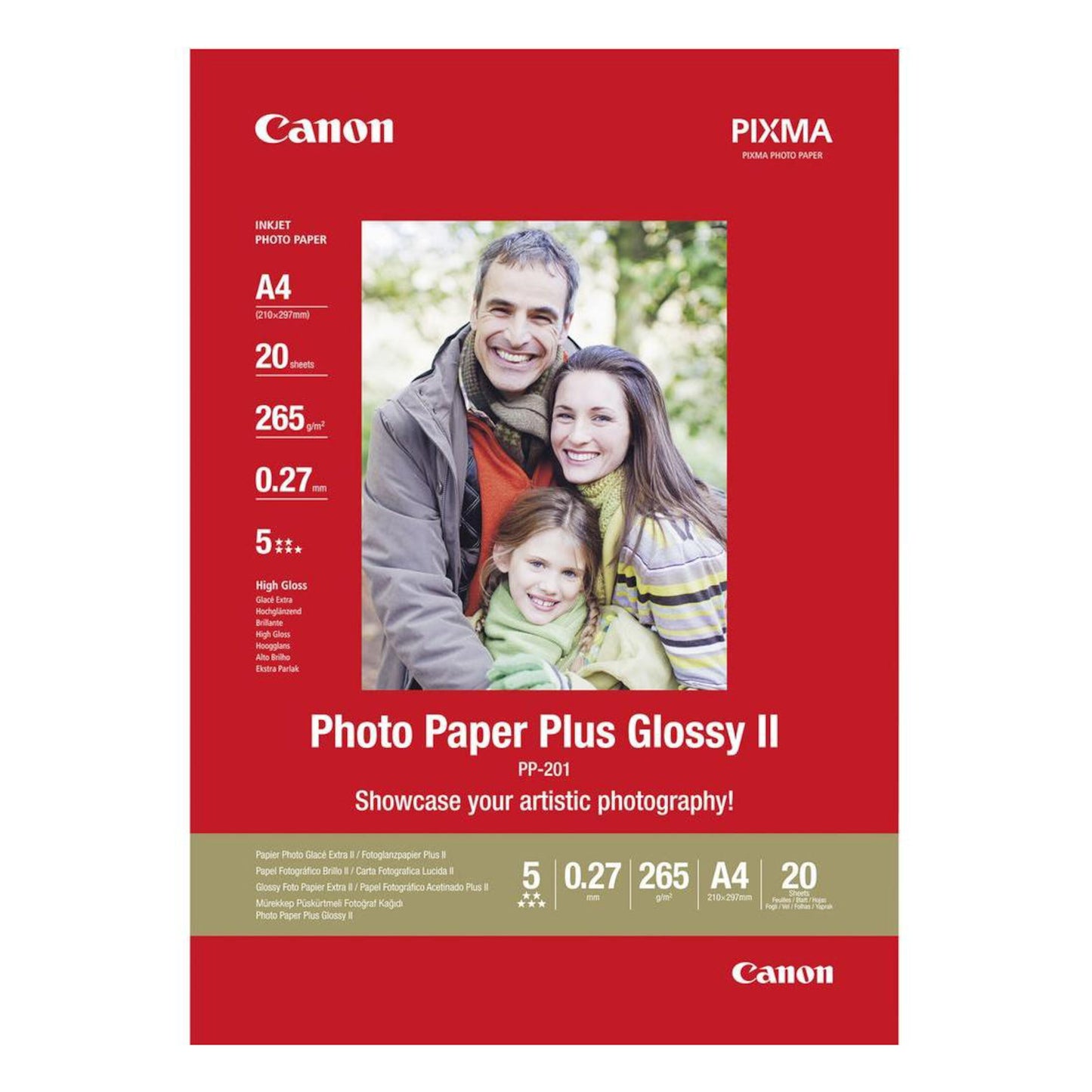 Canon Plus Glossy II fotopapir A4 20-pak, rød æske med familiefoto, info om tykkelse, glans og blækstråleprinter kompatibilitet.