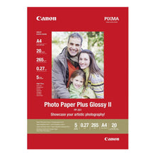 Canon Plus Glossy II fotopapir A4 20-pak, rød æske med familiefoto, info om tykkelse, glans og blækstråleprinter kompatibilitet.