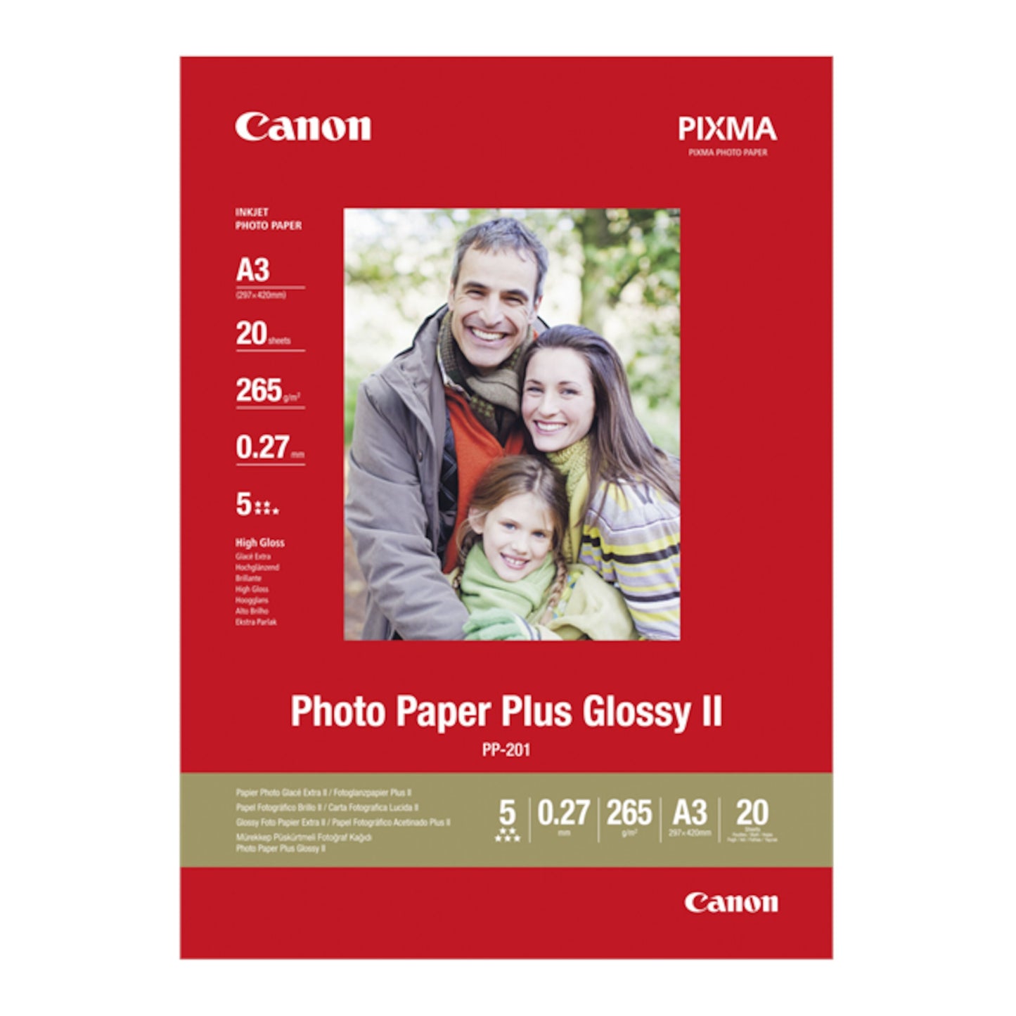 Canon Plus Glossy II Fotopapir A3 20-pak til blækstråleprinter, familie på forsiden og info på rød baggrund.